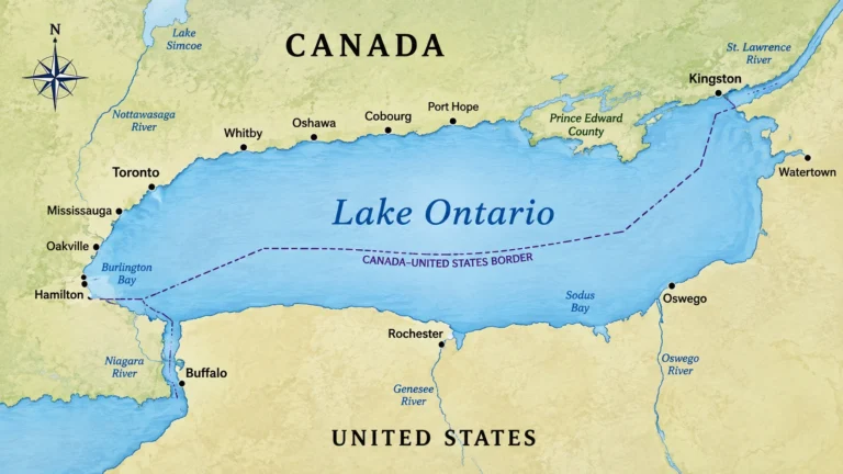Map of Lake Ontario showing the shared Canada United States border