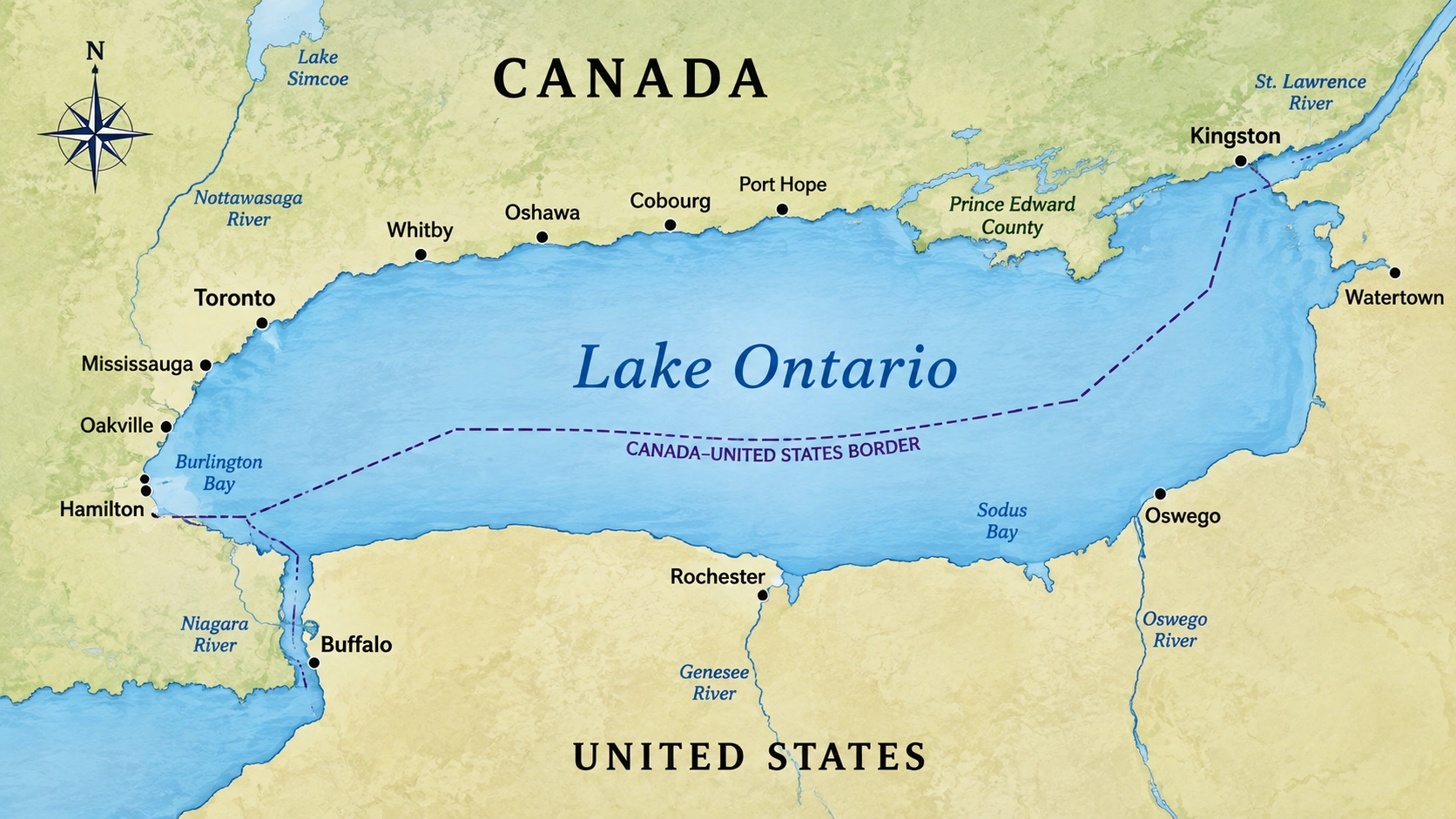 Map of Lake Ontario showing the shared Canada United States border