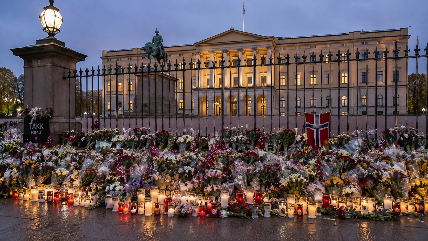 Norwegians leave flowers at the Royal Palace in Oslo after King Harald V died