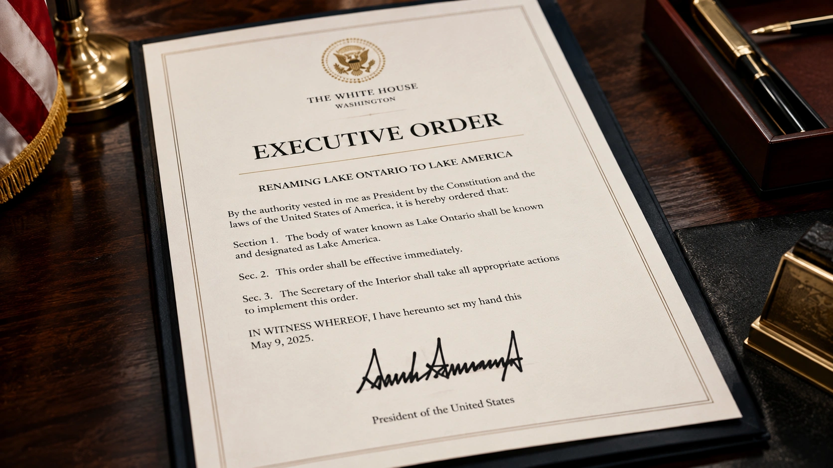 US executive order document renaming Lake Ontario as Lake America
